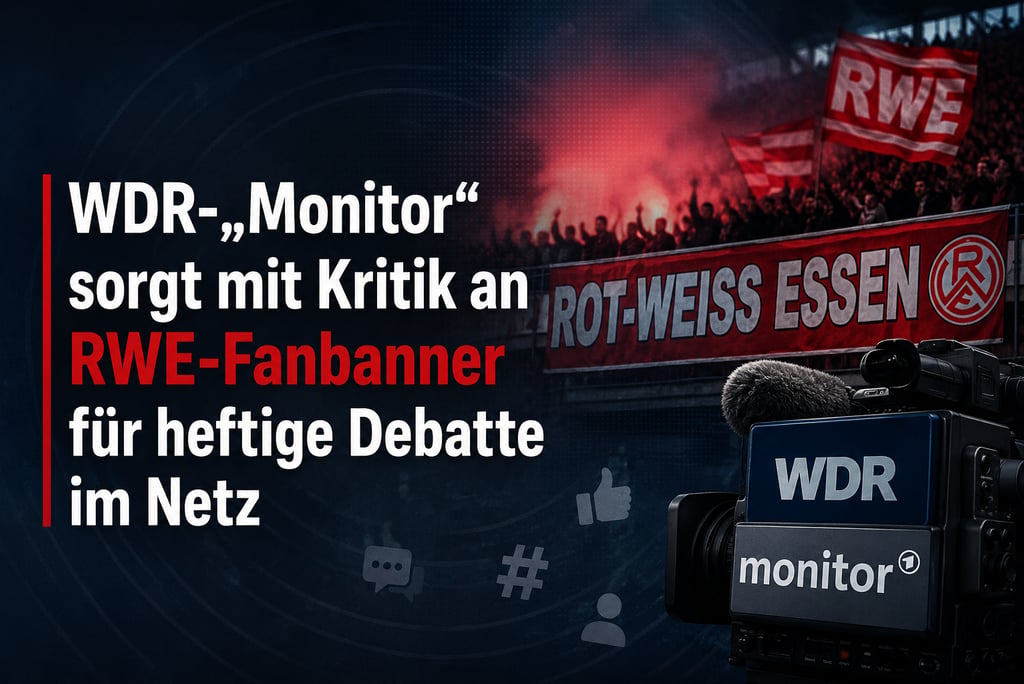 WDR Monitor logo and camera overlay a blurred image of RWE fans with a "Rot-Weiss Essen" banner, symbolizing the debate