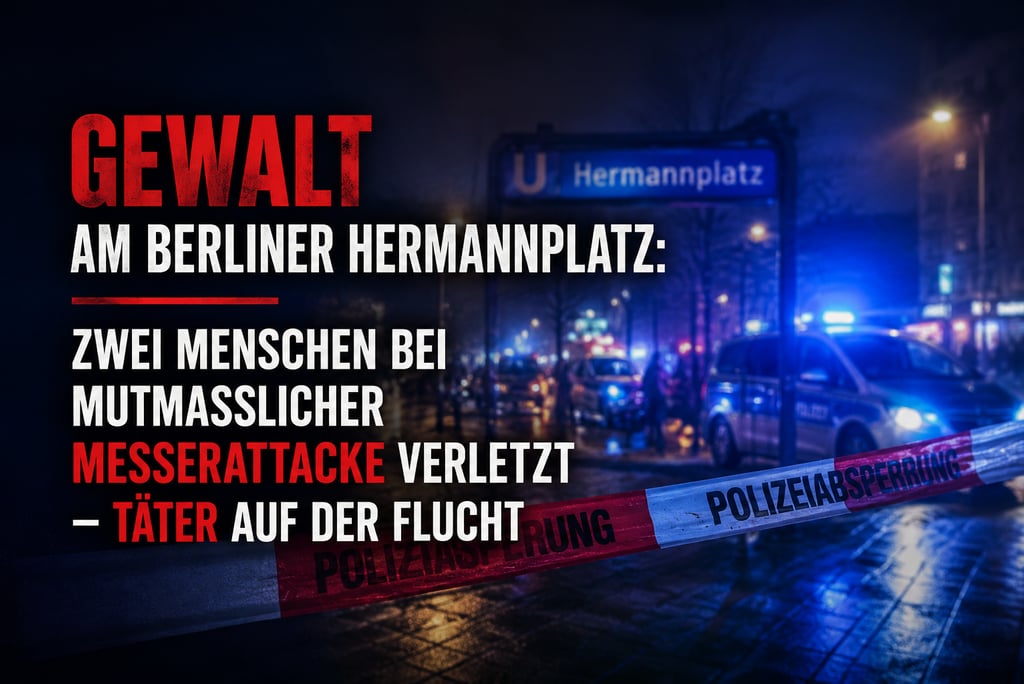 Police scene at Berlin Hermannplatz with emergency lights and a knife attack report headline.