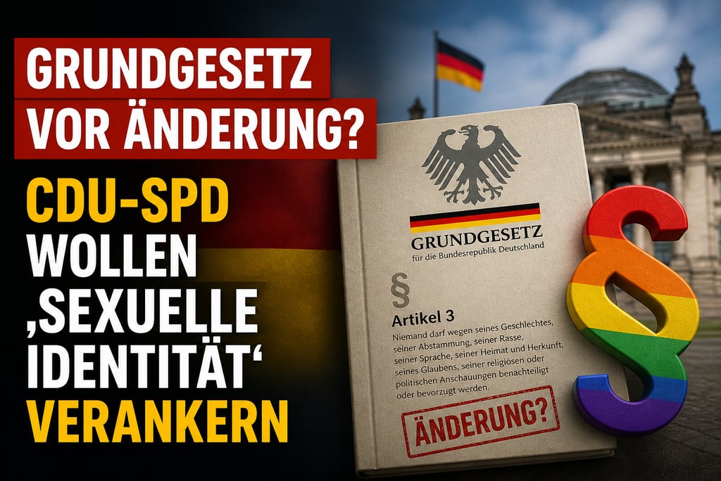 German Basic Law Grundgesetz book with rainbow paragraph symbol near the Reichstag building.