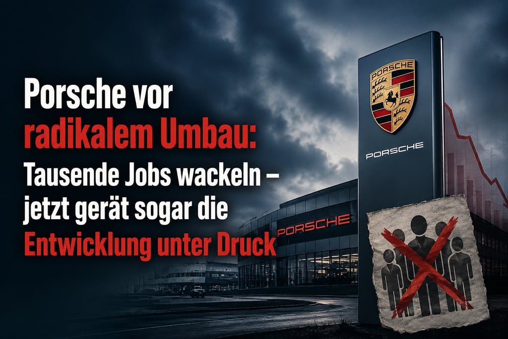 A Porsche dealership under a stormy sky with text about job cuts and restructuring in the automotive industry.