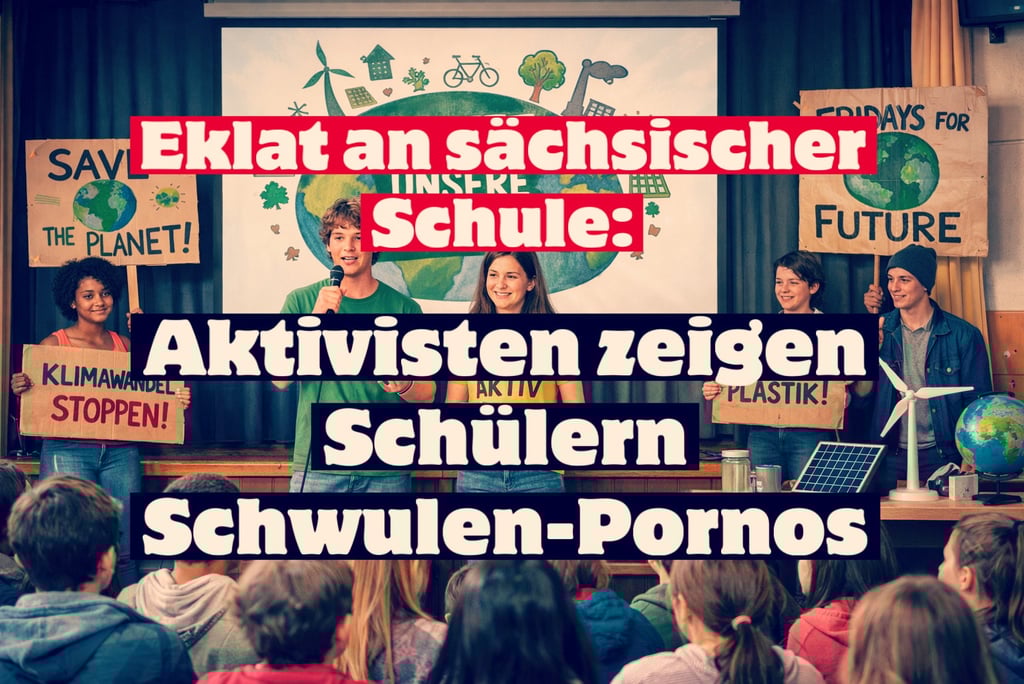 Climate change activists presenting on stage in a school with Fridays For Future posters.