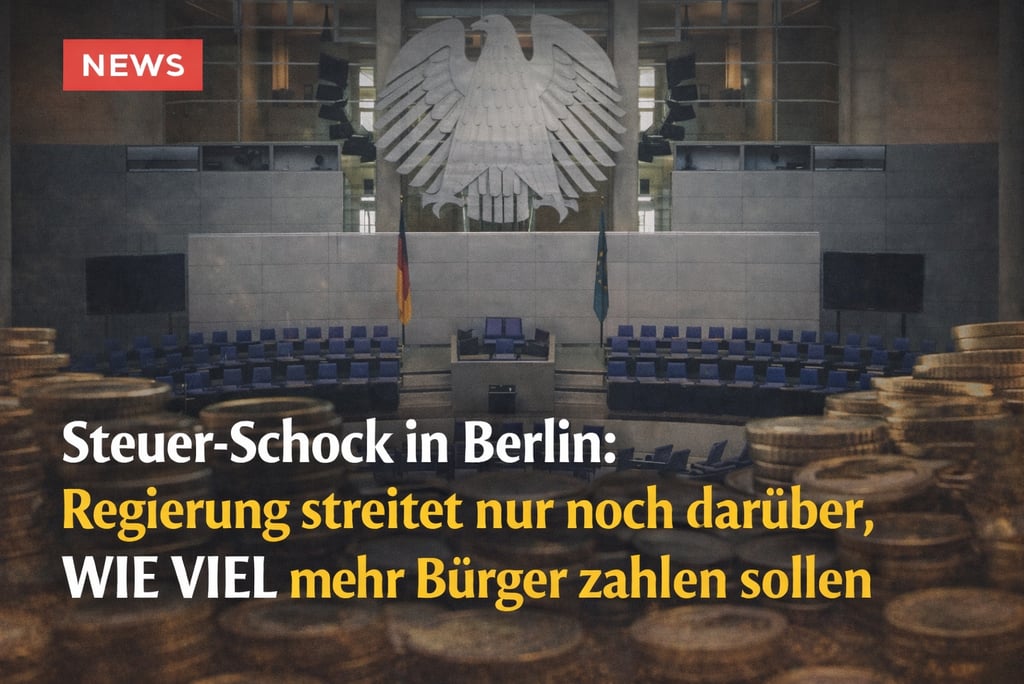 Bundestag plenary hall with the German eagle and gold coins illustrating tax news in Berlin.