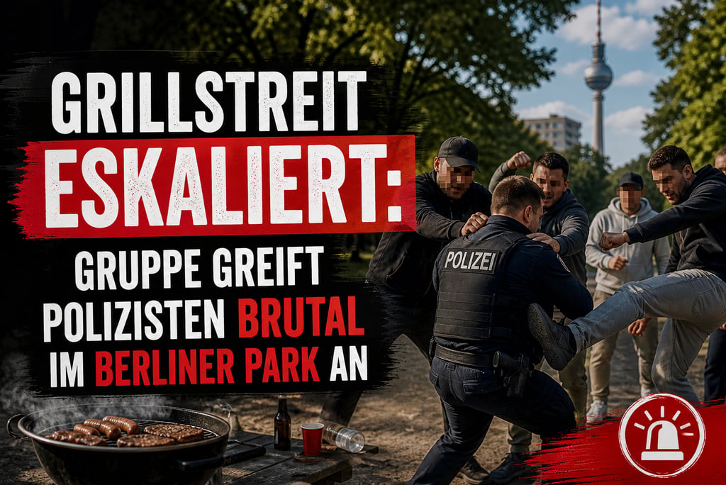 A group of men attacking a German police officer in a Berlin park with the TV Tower in the background.