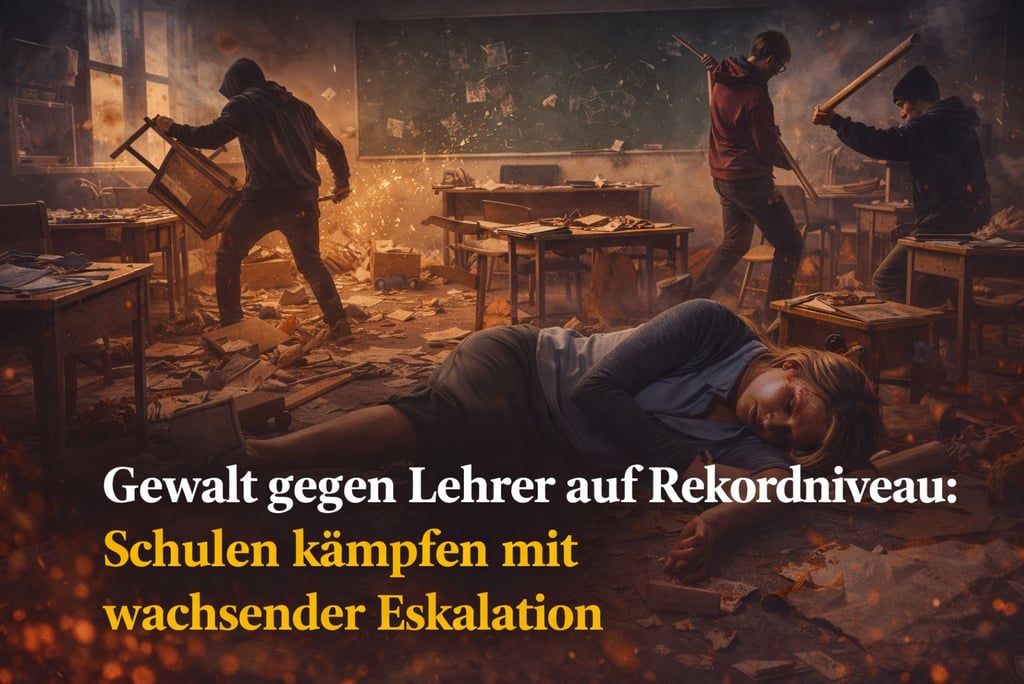 Dramatic depiction of school violence showing a teacher injured on the floor amidst a chaotic classroom riot.