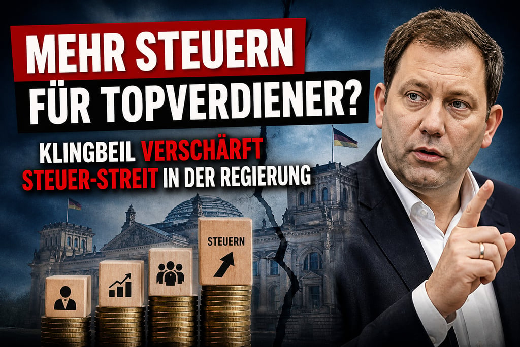 Lars Klingbeil discusses tax increases for top earners in Germany alongside Reichstag building imagery.