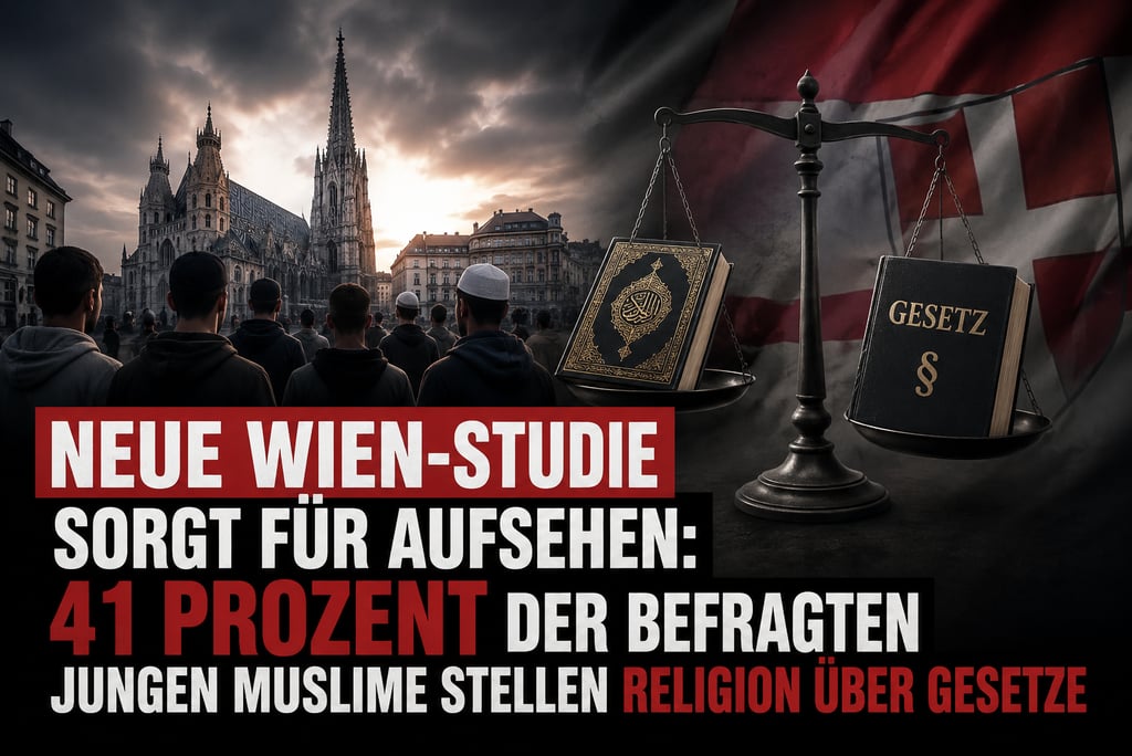 Vienna study graphic showing a Quran and law book on scales before St. Stephen's Cathedral.