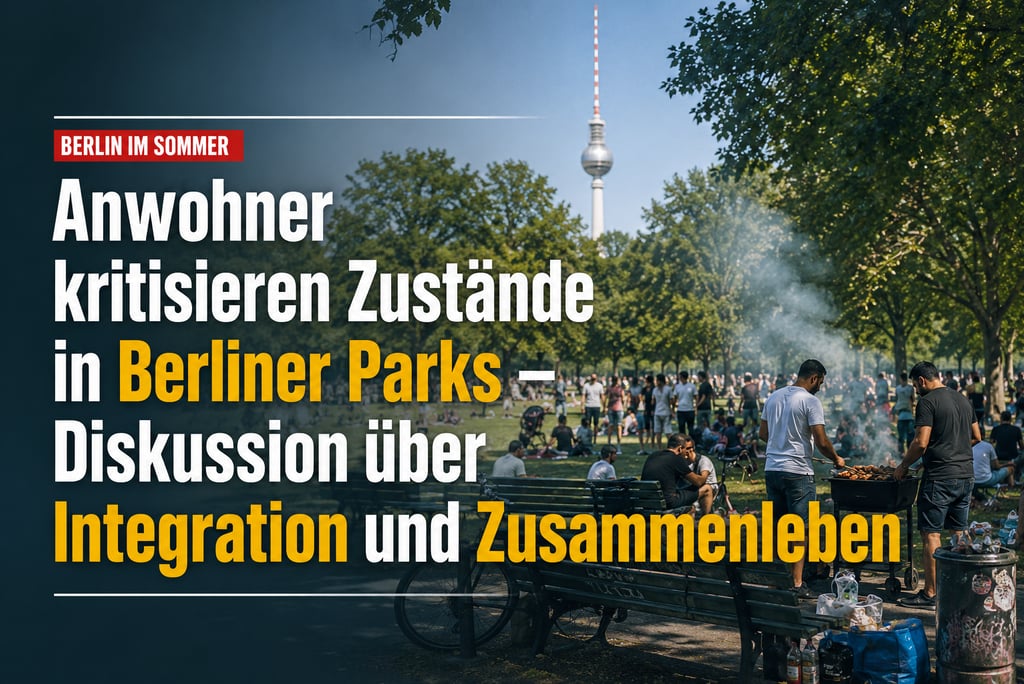 People grilling in a crowded Berlin park with the TV Tower in the background during summer.