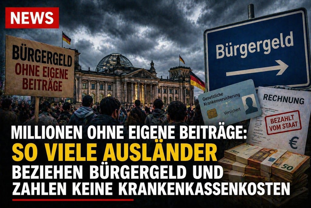A political news graphic showing the German Reichstag building with headlines about Bürgergeld and social benefits.