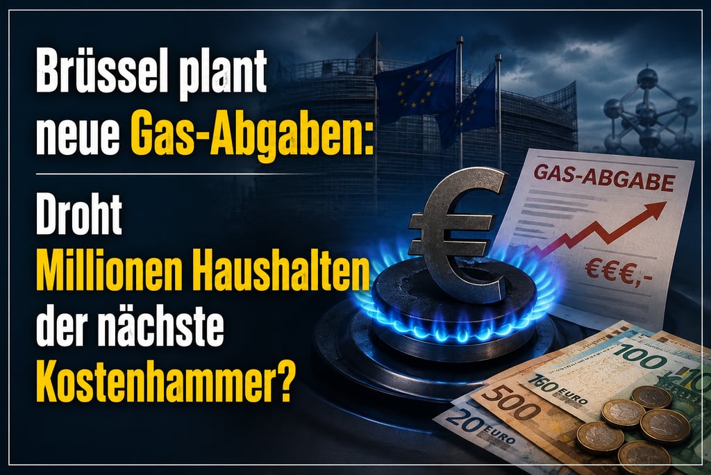 A blue gas stove flame under a euro symbol with cash, depicting rising Brussels gas taxes and energy costs.