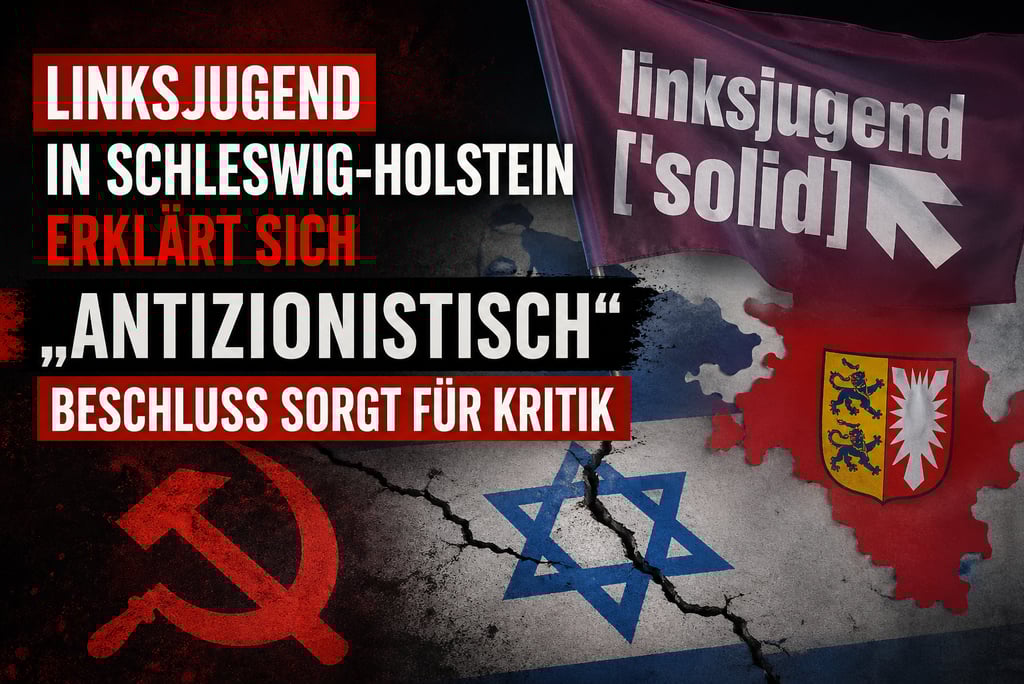 Linksjugend Solid Schleswig-Holstein political graphic featuring Israeli flag, communist hammer and sickle, and state map.