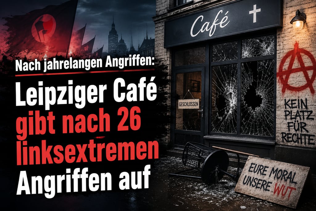 Newspaper headline about a Leipzig cafe closing after 26 left-wing extremist attacks, showing the cafe's broken window and