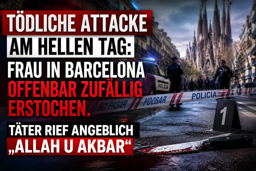 Police scene in Barcelona near Sagrada Familia with a bloody knife and German news text about an attack.