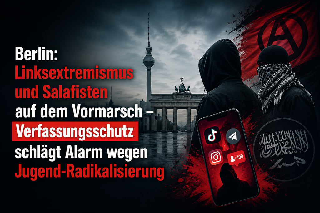 Graphic about youth radicalization in Berlin with figures, symbols, and Brandenburg Gate.
