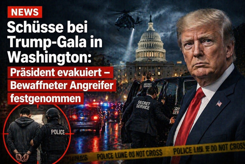 Dramatic news graphic featuring Donald Trump, Secret Service agents, and police near the US Capitol.