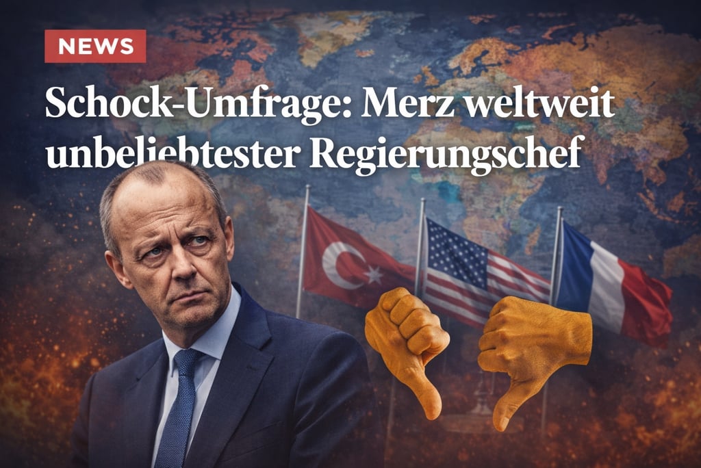 Friedrich Merz portrait with thumbs down icons over a world map and international flags.