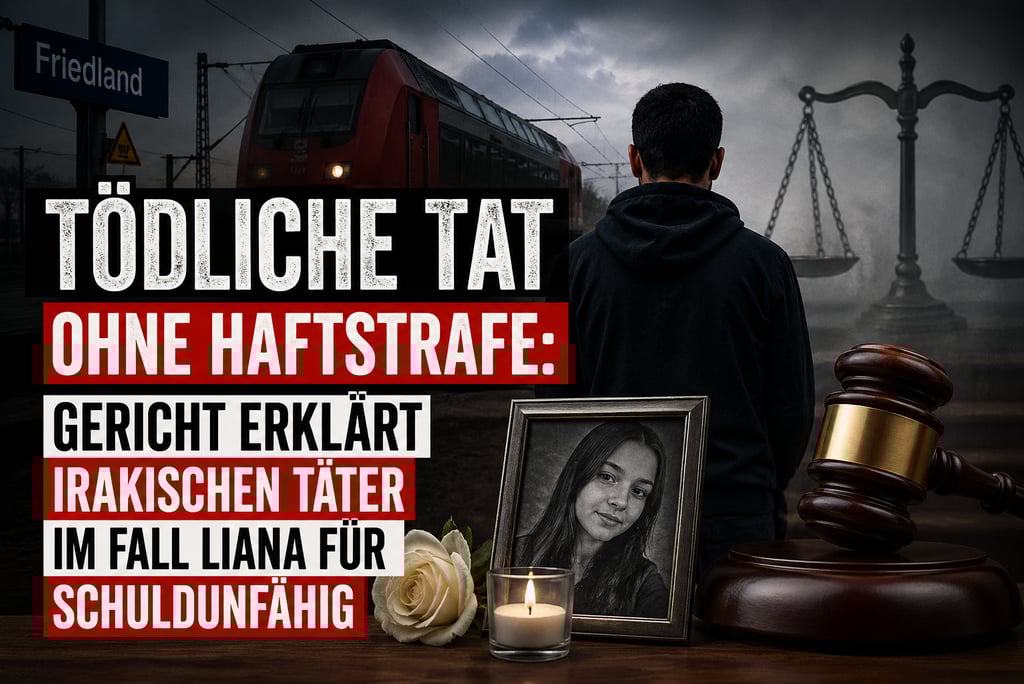 German news graphic about the Liana court case featuring a memorial photo, a train, and scales of justice.