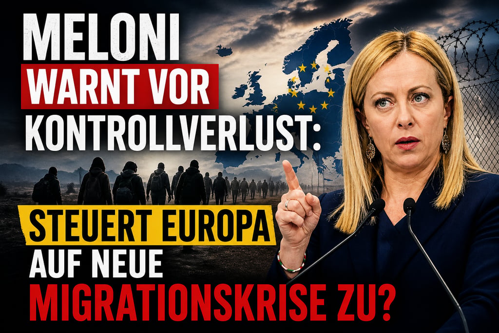Giorgia Meloni warns of a European migration crisis with a map and silhouettes of migrants.