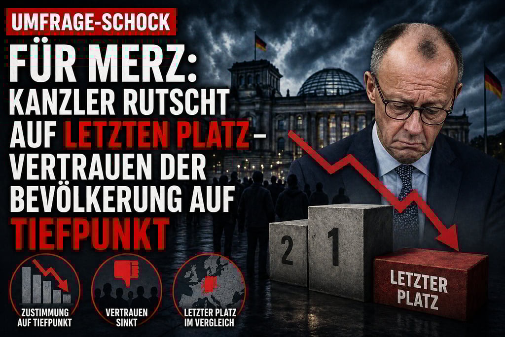 Friedrich Merz depicted with a falling red arrow and poll data showing low confidence in German politics.