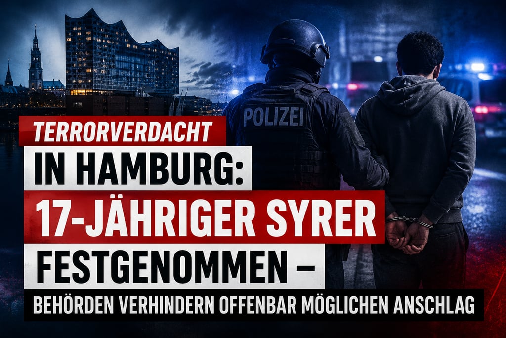 German police arrest a suspect in Hamburg with a night view of the Elbphilharmonie in the background.