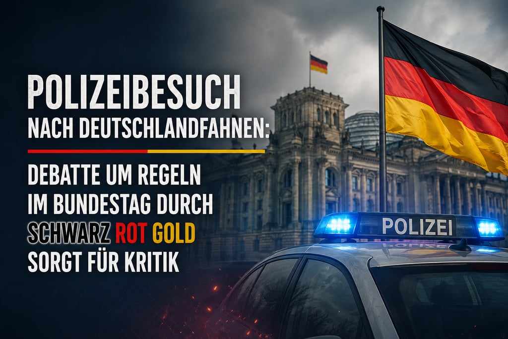German police car with flashing blue lights in front of the Reichstag building and national flag.