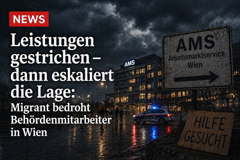 Vienna AMS office at night with police car and headline about an incident with a migrant.