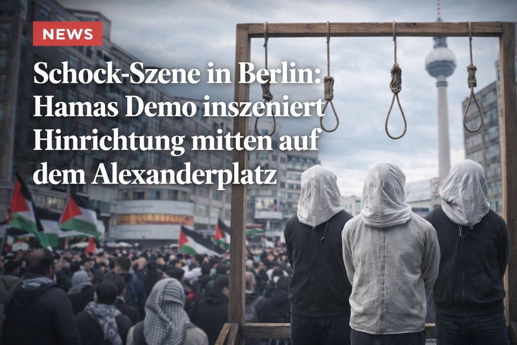 Protesters at a Berlin Alexanderplatz demonstration standing before a wooden gallows with nooses.