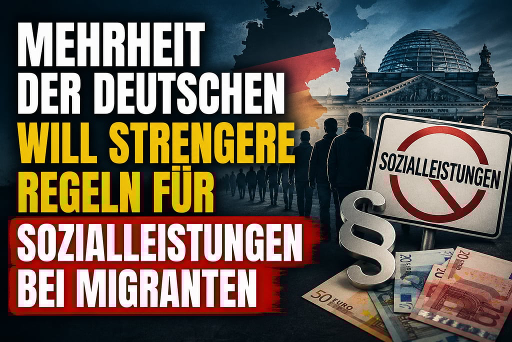 German text overlay on image of Reichstag building discussing stricter social benefits for migrants.
