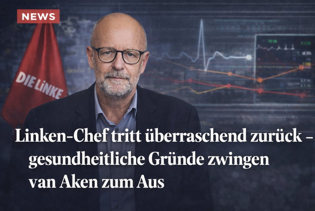 Jan van Aken, leader of Die Linke, pictured in a news graphic announcing his resignation for health reasons.