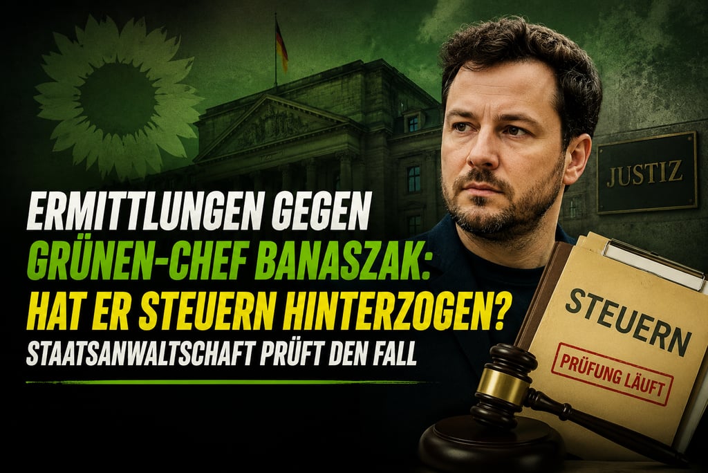 Felix Banaszak with a tax document and gavel, discussing Green Party legal investigations.