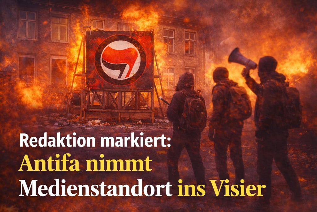 Silhouettes of protesters near a burning building and Antifa flag symbol during a political riot.