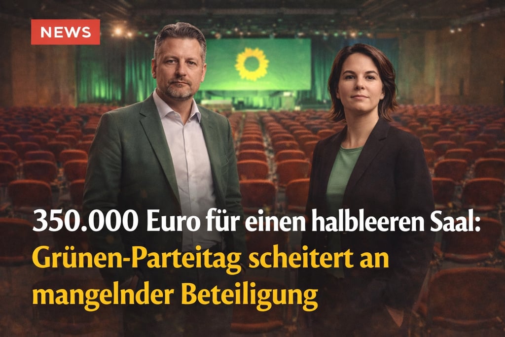 Annalena Baerbock and Robert Habeck stand before an empty hall at a Green Party conference.