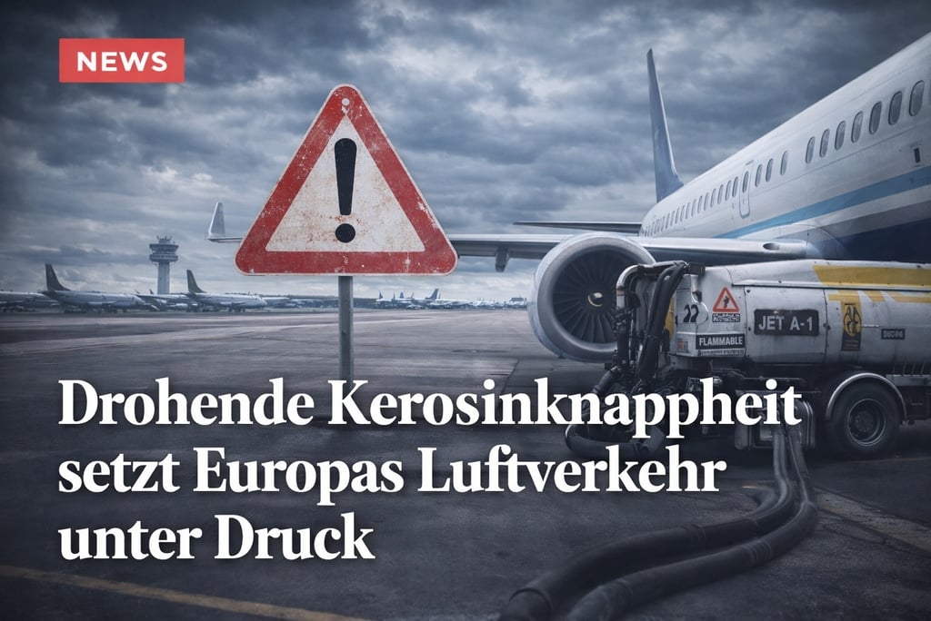 Airplane refueling at an airport with a warning sign about kerosene shortages in European aviation.