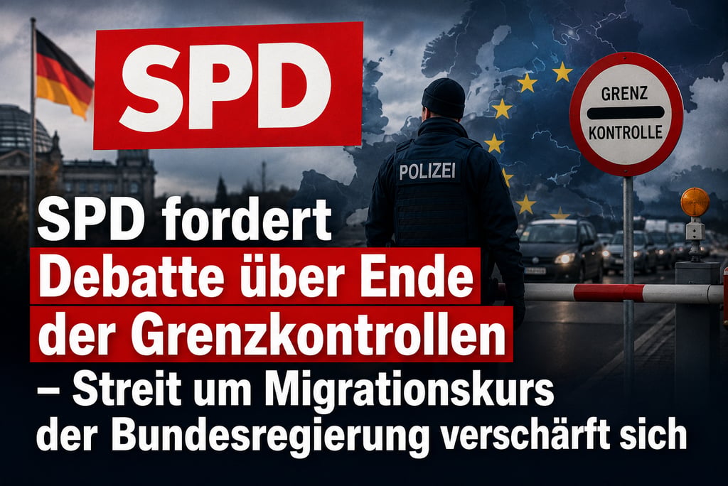 German SPD party graphic about border control debates and migration policy featuring a police officer.