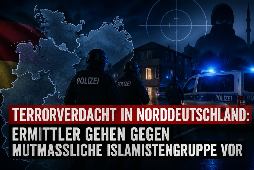 German police officers at a night raid scene regarding terror suspects in Northern Germany.