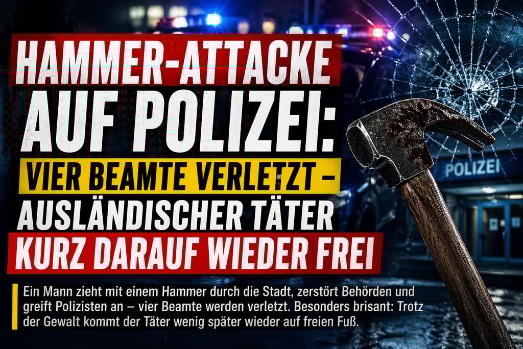 Dramatic news graphic showing a bloody hammer and smashed glass near a police car with flashing lights.