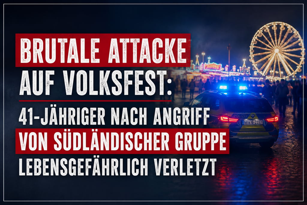 German police car with blue lights at a night fair with a Ferris wheel and news headline about an attack.
