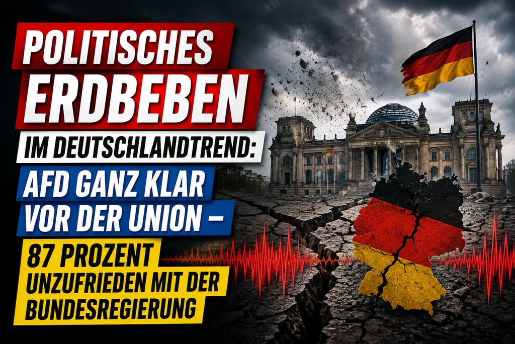 German Reichstag building with a cracked map of Germany and political text about AfD poll results and government