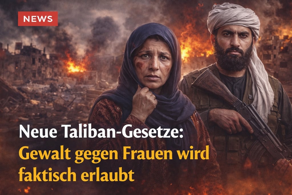 An Afghan woman and an armed Taliban fighter stand before a backdrop of war-torn city ruins and fire.