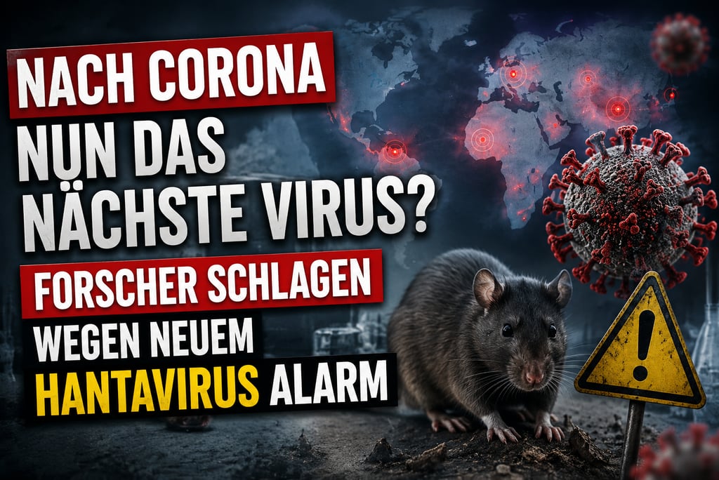 A brown rat next to a coronavirus cell and a world map, warning of a new hantavirus outbreak.