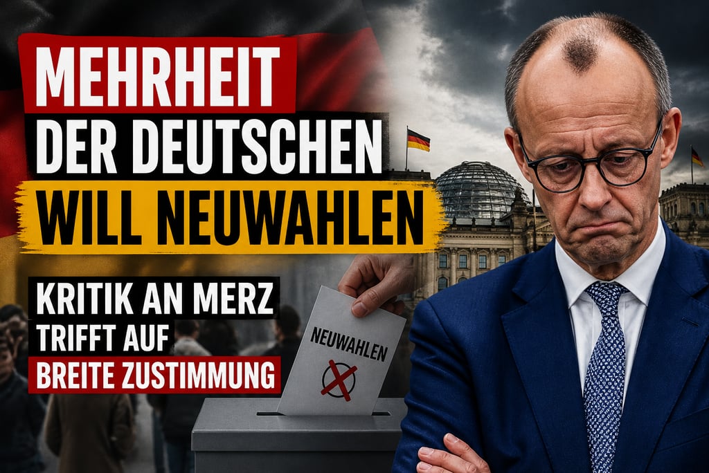 Friedrich Merz next to German political text about snap elections and a ballot box.