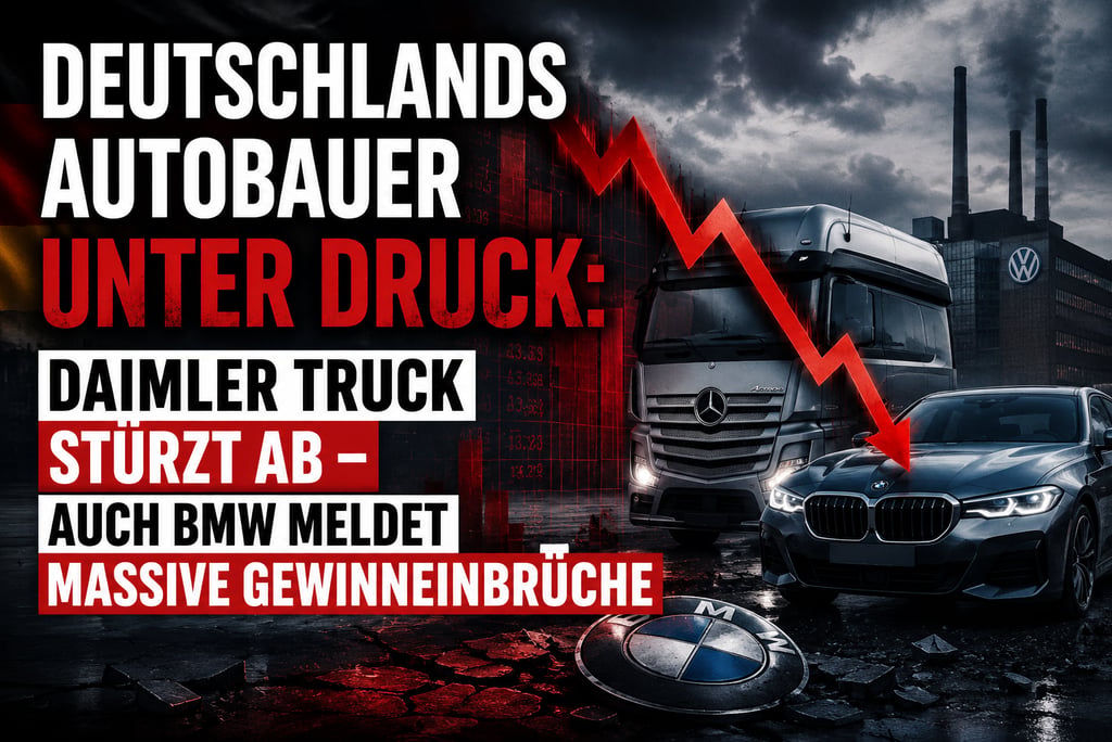 German automotive industry crisis graphic featuring BMW, Mercedes trucks, and declining profit charts.