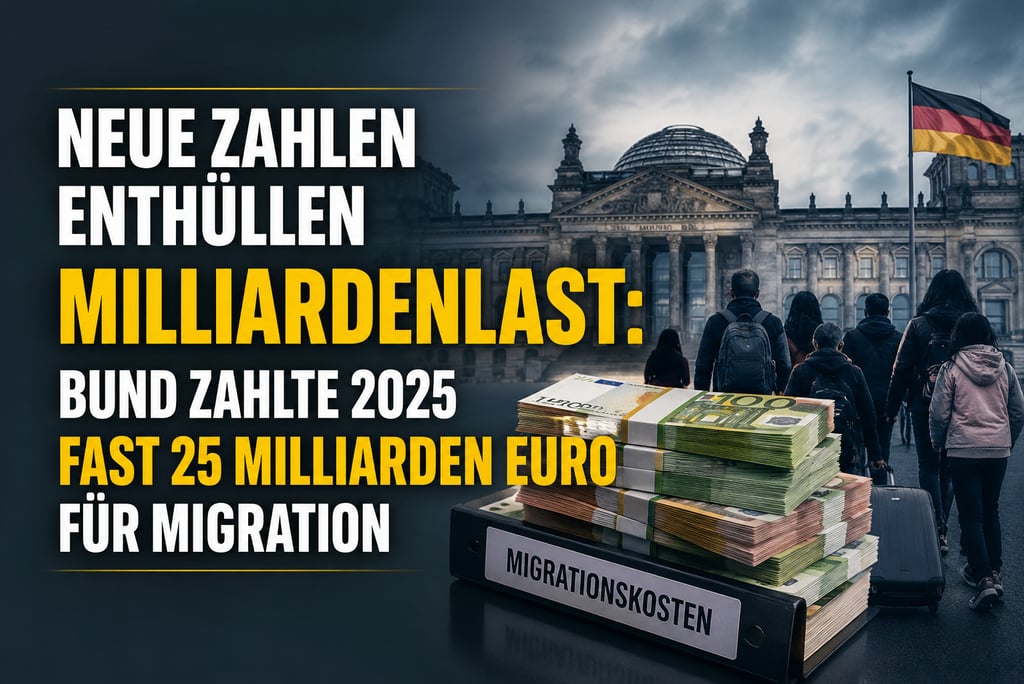 Infographic showing migration costs in Germany for 2025 with the Reichstag building and stacks of Euro bills.