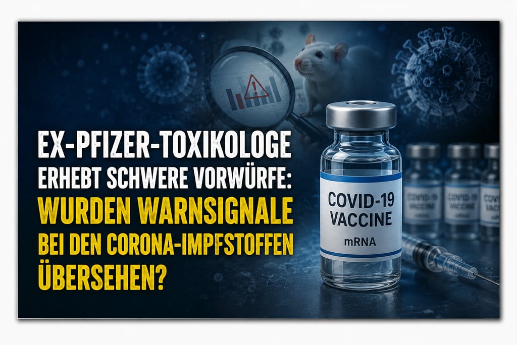 COVID-19 vaccine vial next to a lab rat and German text about Pfizer toxicology reports and vaccine safety.