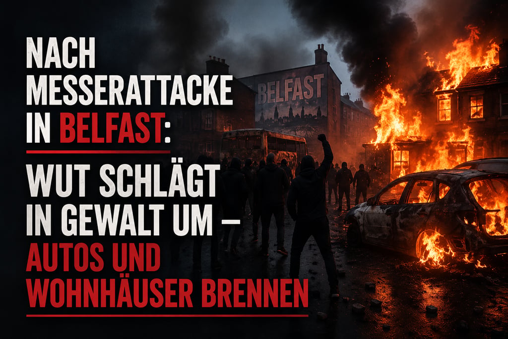 Riots in Belfast with burning cars and houses following a knife attack, featuring protesters and smoke.