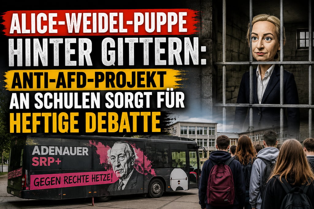 Alice Weidel doll behind bars in an anti-AfD school project poster with a school bus.