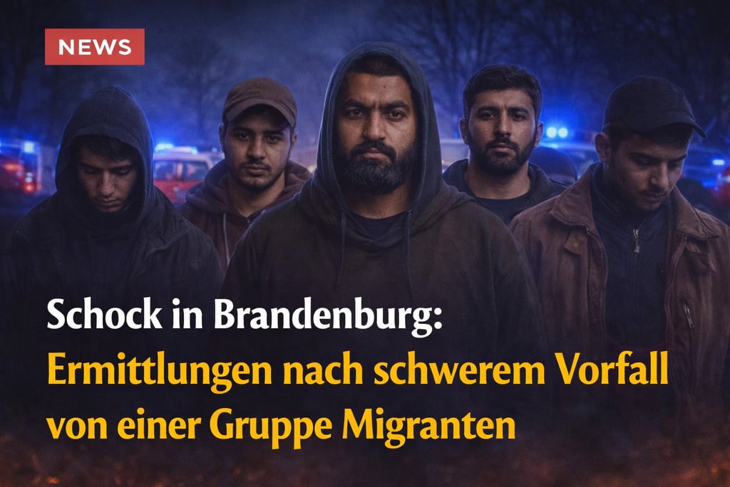 A group of young men in hoodies and jackets standing before police car lights for a Brandenburg news report.
