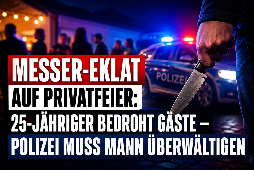 A person holding a knife at a private party with a police car in the background and German news text.