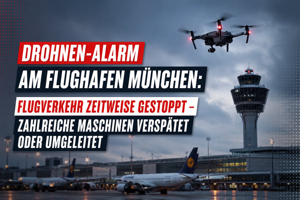 Drone flying over Munich Airport with news text about flight delays and air traffic disruptions.