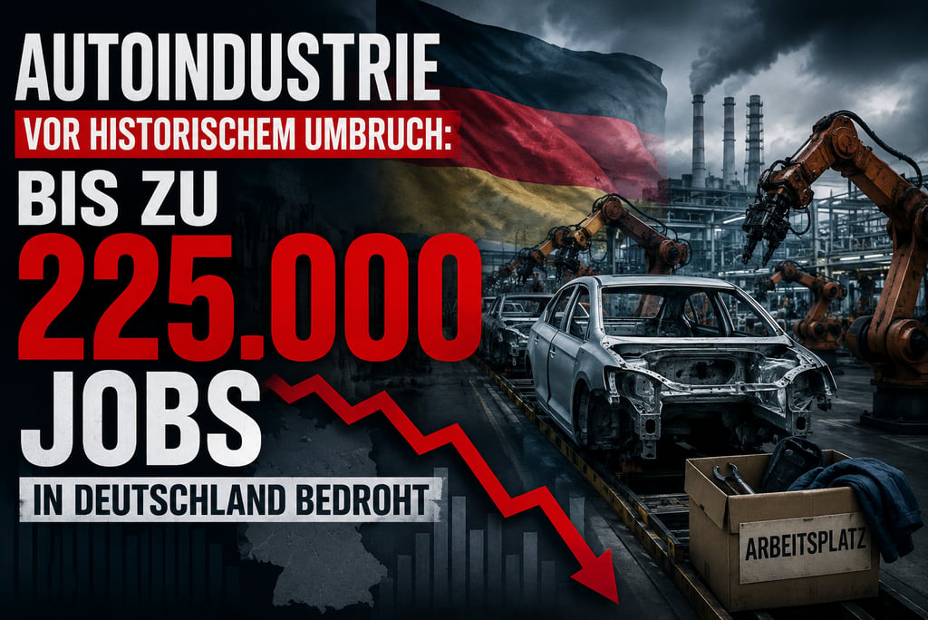 German automotive industry crisis graphic showing car production lines and job loss statistics.