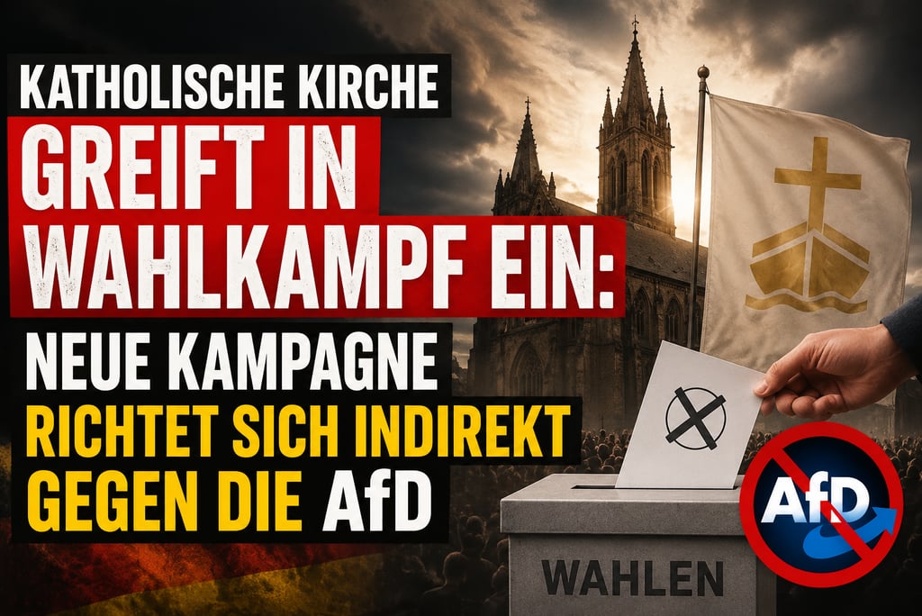 German political graphic showing a ballot box, cathedral, and text about the Catholic Church and AfD.